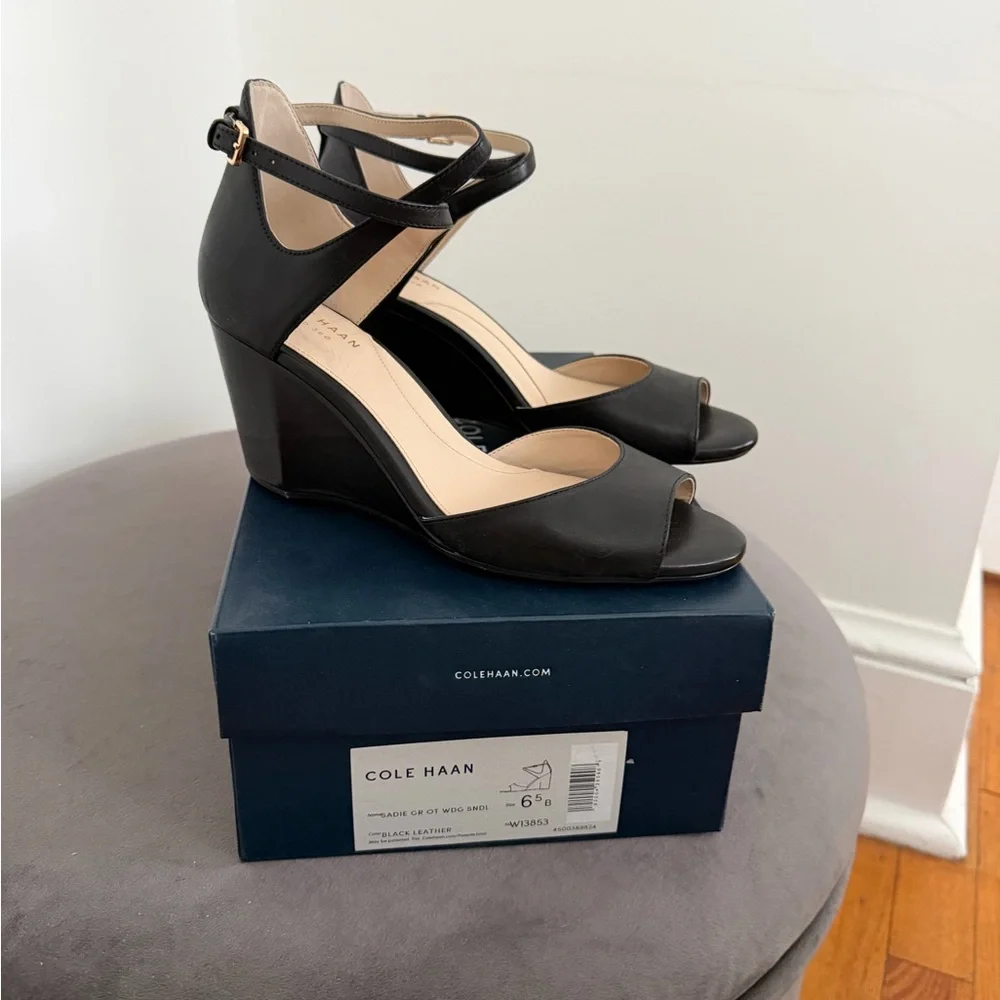 Cole Haan Black Leather Open-Toe Ankle-Strap Heels - Picture 3 of 5